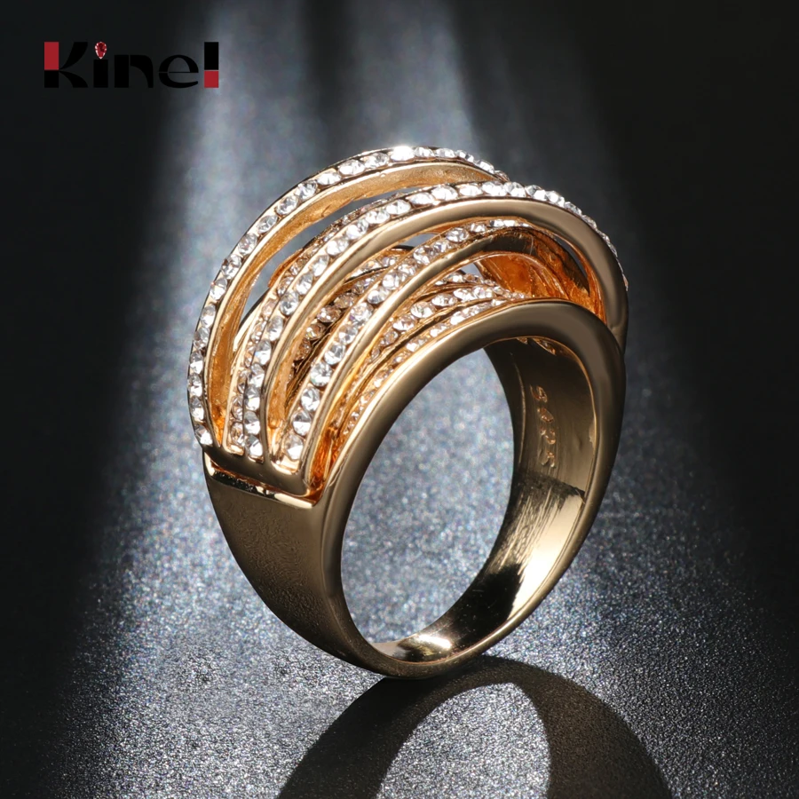 Kinel Hot Vintage Antique Multilayer Ring For Women Mosaic AAA Zircon Crystal Gold Color Double X Ring Finger Luxury Bijoux