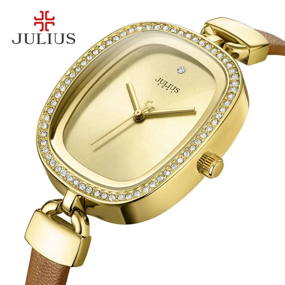 2017 Julius Watch Golden Genuine Leather Quartz Movement Waterproof Retro Trendy Fashion Luxury Crystal Top Brand Whatch JA-298