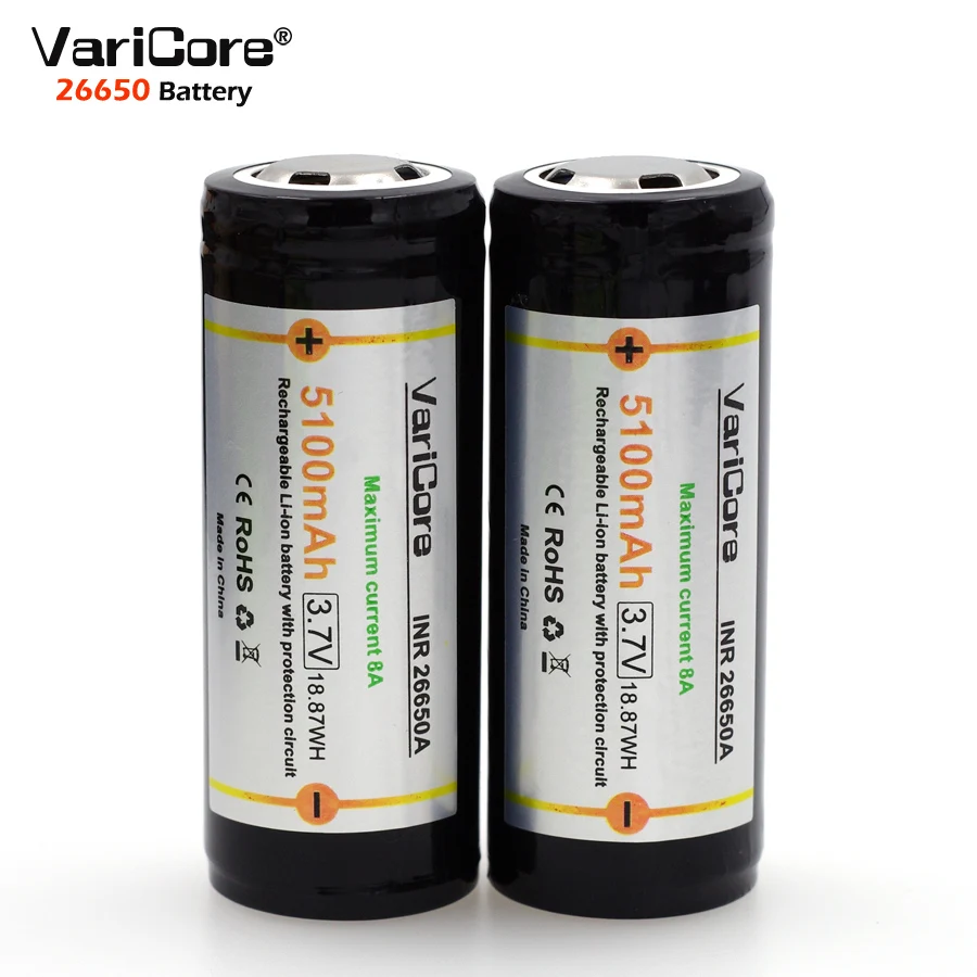 1-12PCS VariCore V-26D  battery 26650 3.7V Li-ion Rechargeable battery not 18650 battery PCB Protection 8A discharge current.