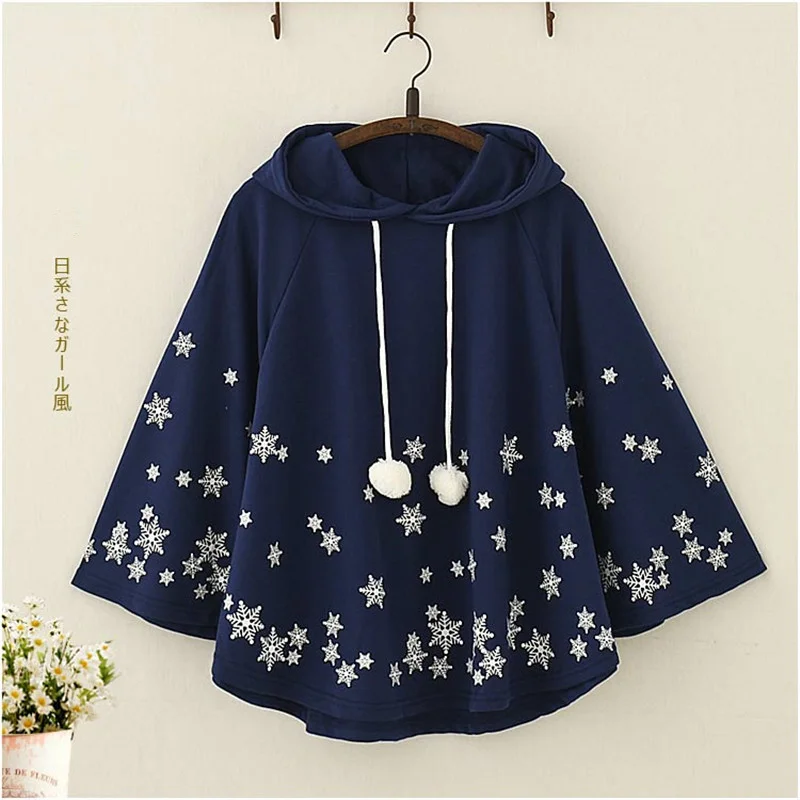 Autumn Women Kawaii Snowflake Cape Hoodies Japanese Cute Christmas Pullovers Harajuku Mori Girls Cloak Outerwear Sweatshirt