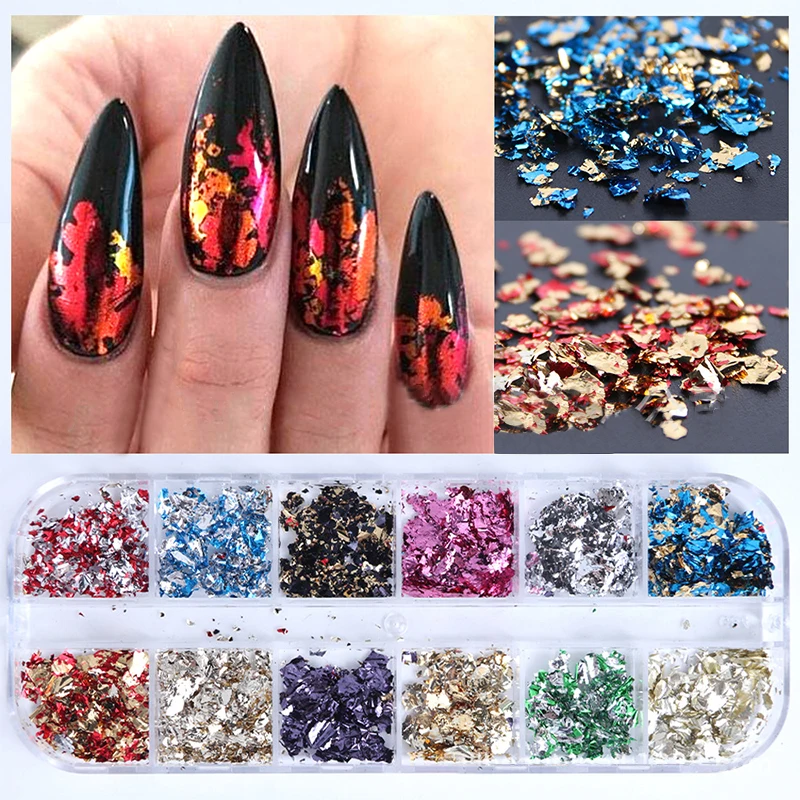 12 Color Gold Foils Gorgeous Nails Glitter Random Aluminum Flakes Paillette Chip Nail Design Shinny Sparkles Nail Art Decoration