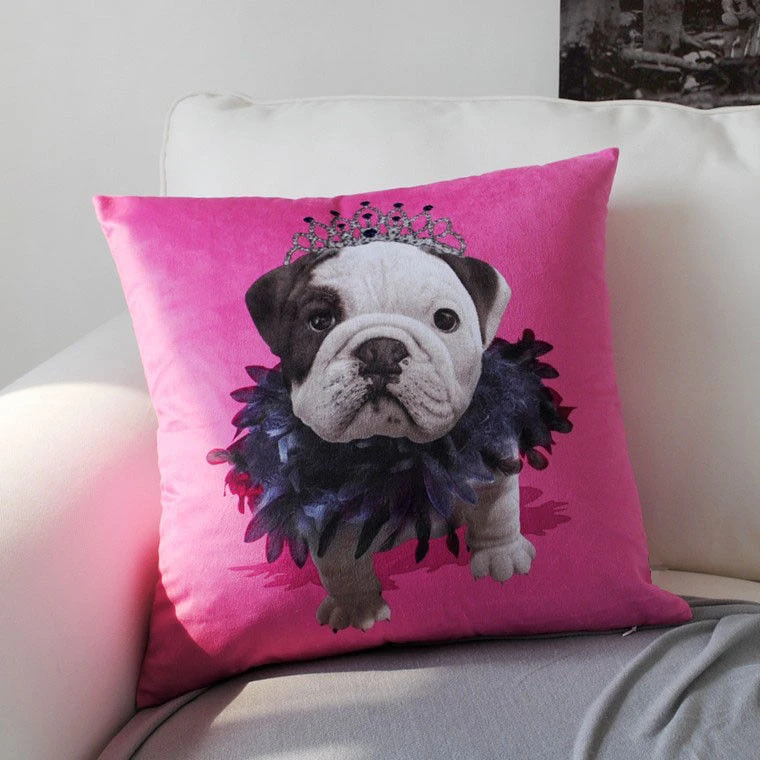 Novelty Feather Bulldog Cushion Cover Pink Velvet Crown Bull Dog Pillow Case Animal Decorative Pillow Covers for Sofa Two Sides