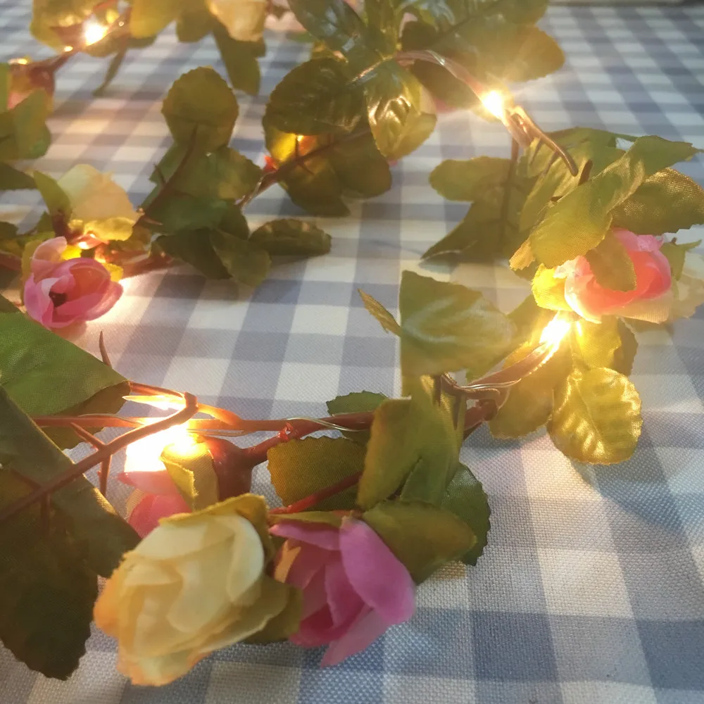 Handmade 2.2M 25 LEDs Pink Rose Outdoor Garland String Light Battery Operate Copper Fairy String Lights For Wedding Decoration