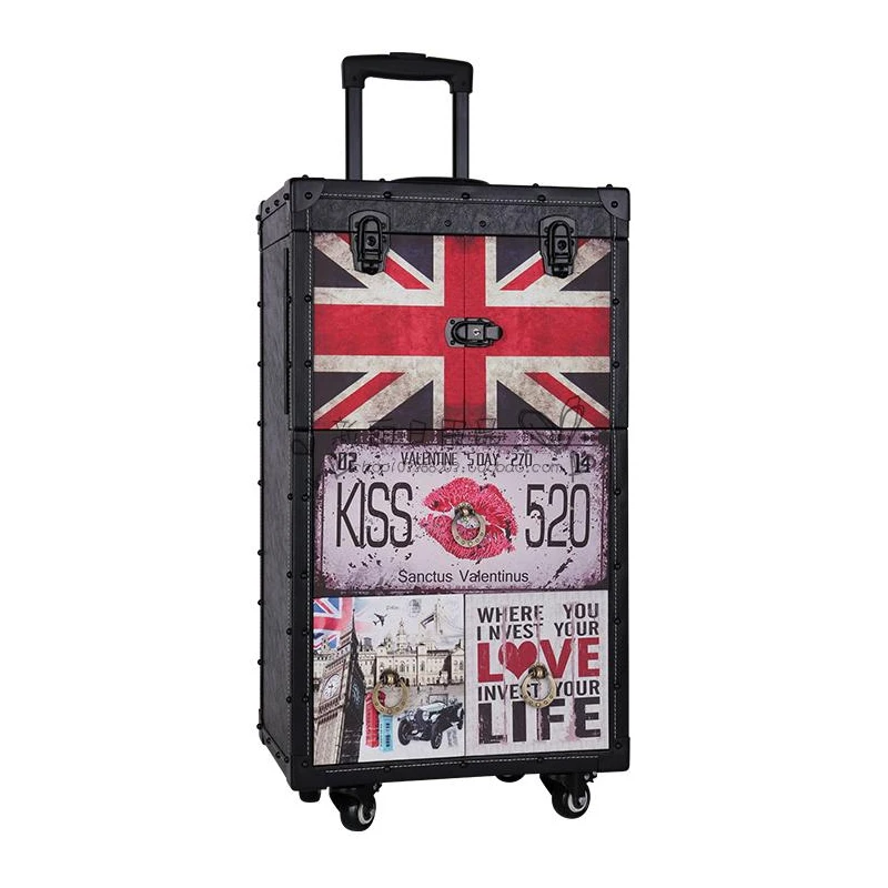 Women Retro Trolley Cosmetic case Rolling Luggage,Nails Makeup Toolbox,Multiple drawers Beauty Tattoo Trolley Suitcase on wheels