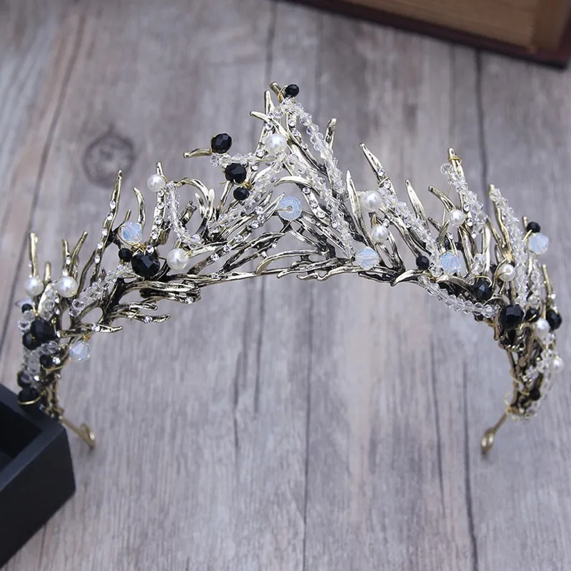 Baroque Bronze Vintage Princess Hair Crown Handmade Artificial Pink/Black Rhinestone Quinceanera Wedding Hair Accessory Hairwear