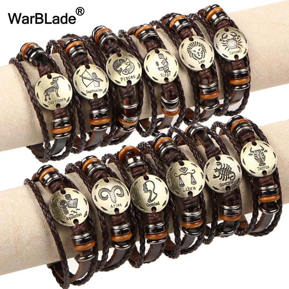 WarBLade 12pcs/set 12 Constellations Bracelets Bangles Fashion Punk Men Leather Bracelet Vintage Zodiac Signs Women Wristband