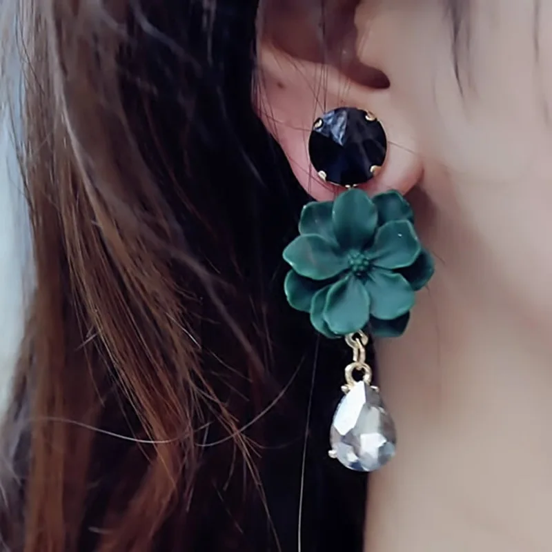 LUBOV Vintage Bohemia Natural Stone Black Crystal Big Earring For Women Fashion Jewelry Green Flower Dangle Drop Earrings Bijoux