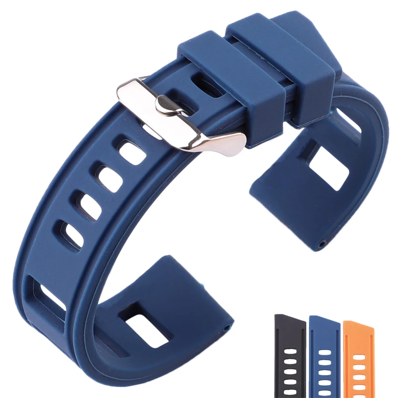 Correa de reloj de goma para hombre y mujer, pulsera de silicona suave impermeable con hebilla pulida, 20mm, 22mm, naranja, azul, negro