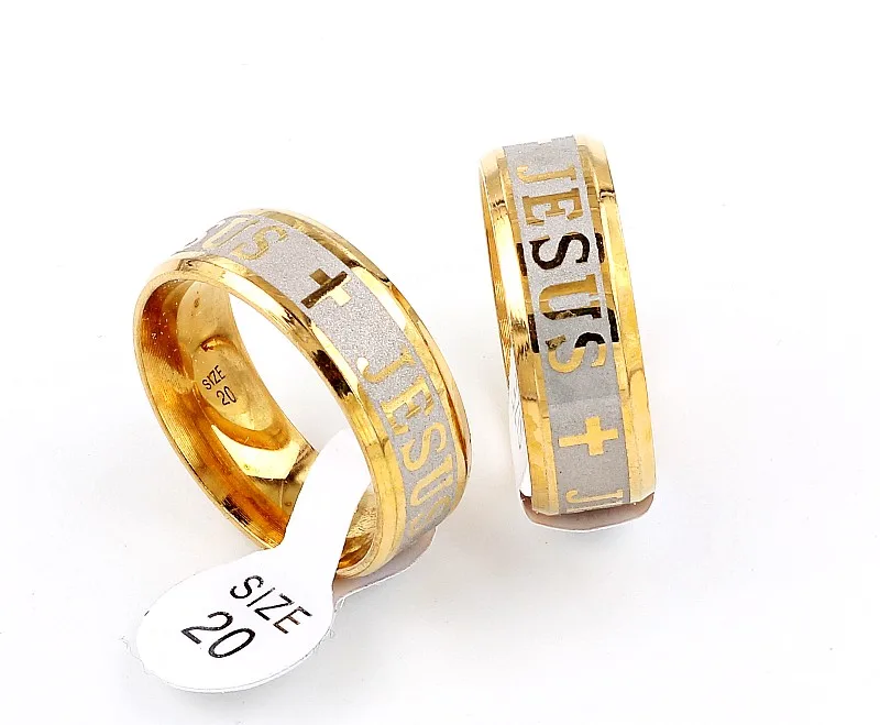 Wholesale Bulk Lots 6Pcs  8MM Golden I Love Jesus Cross Stainless Steel Ring Band Wedding Engagement Xmas Gift