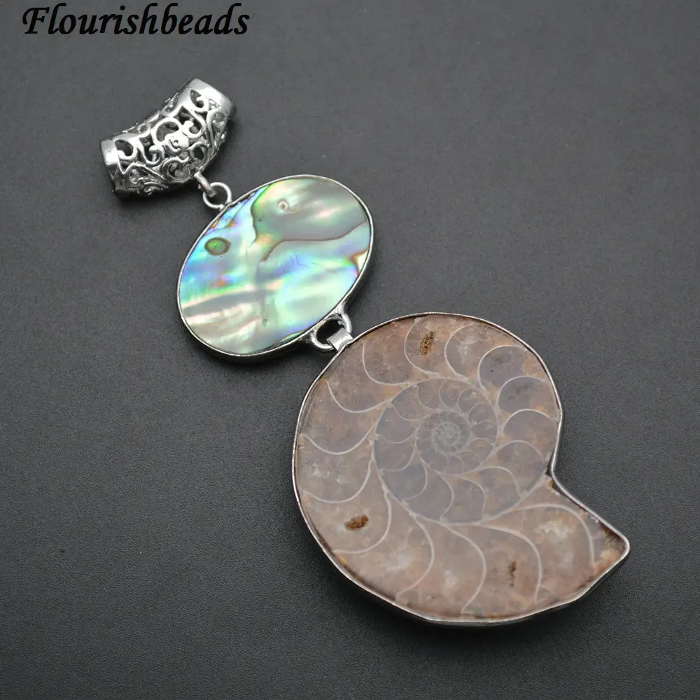 Natuarl Brown Ammonite Abalone Shell Double Layer Stone Necklace Pendant Big Size Jewelry Supplies