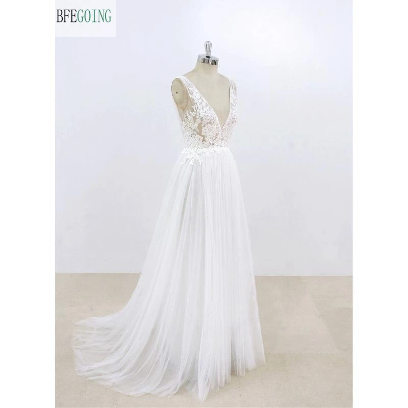 Appliques di pizzo di Tulle bianco scollo a v lunghezza del pavimento abiti da sposa a trapezio Sweep /Brush Train abito da sposa su misura