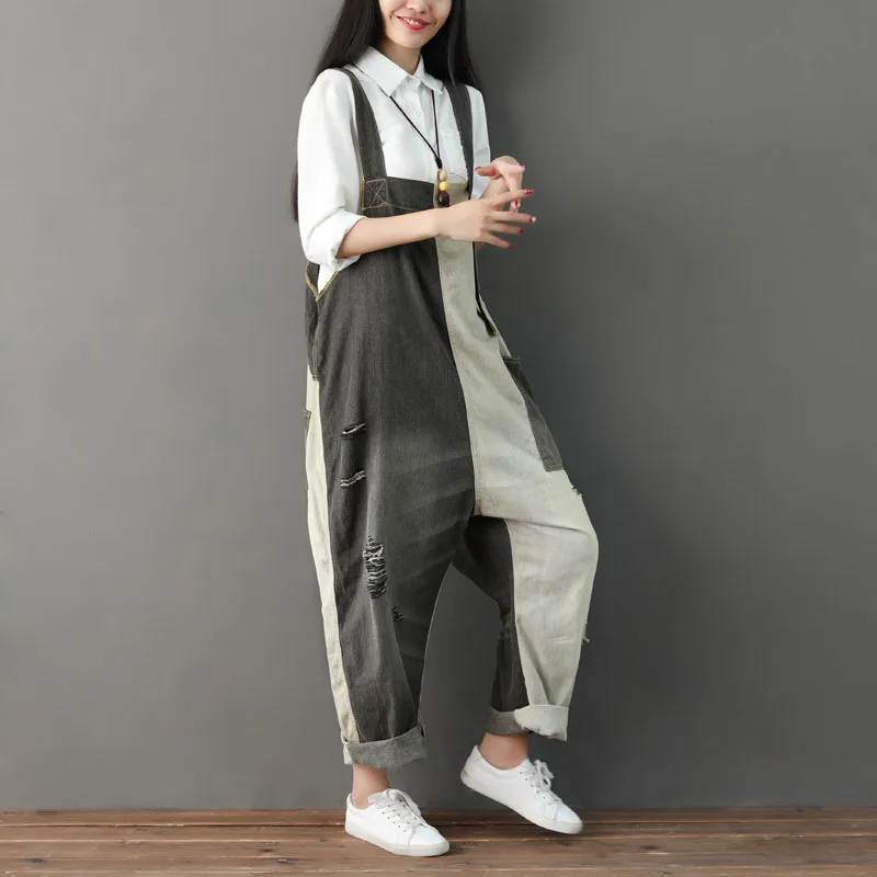 Bib Denim Women Overalls Baggy Jean Jumpsuit Rompers Lady Patchwork Big Pockets Hole Hollow Out Female Suspender Pants