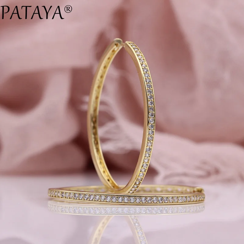 PATAYA New Big Circle Earrings Women Fashion Luxury Hollow Fine Jewelry 585 Rose Gold Color Natural Zircon Oval Dangle Earrings
