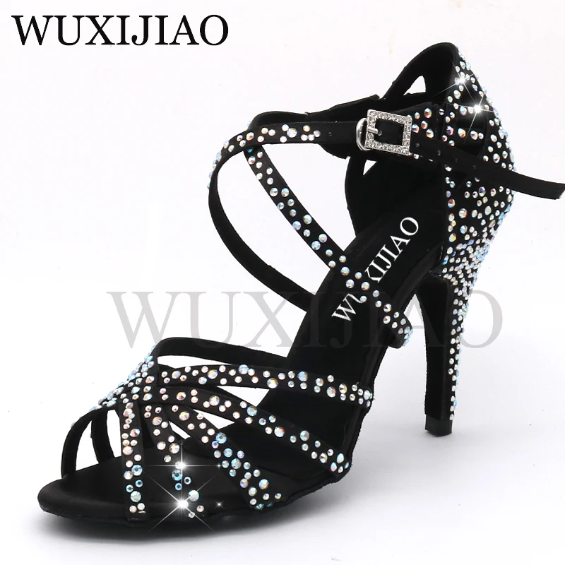 

WUXIJIAO New black Satin Latin Dance Shoes Women Salsa Rhinestone Shoes Dance For Woman Ballroom Dancing Shoes heel 5cm-10cm