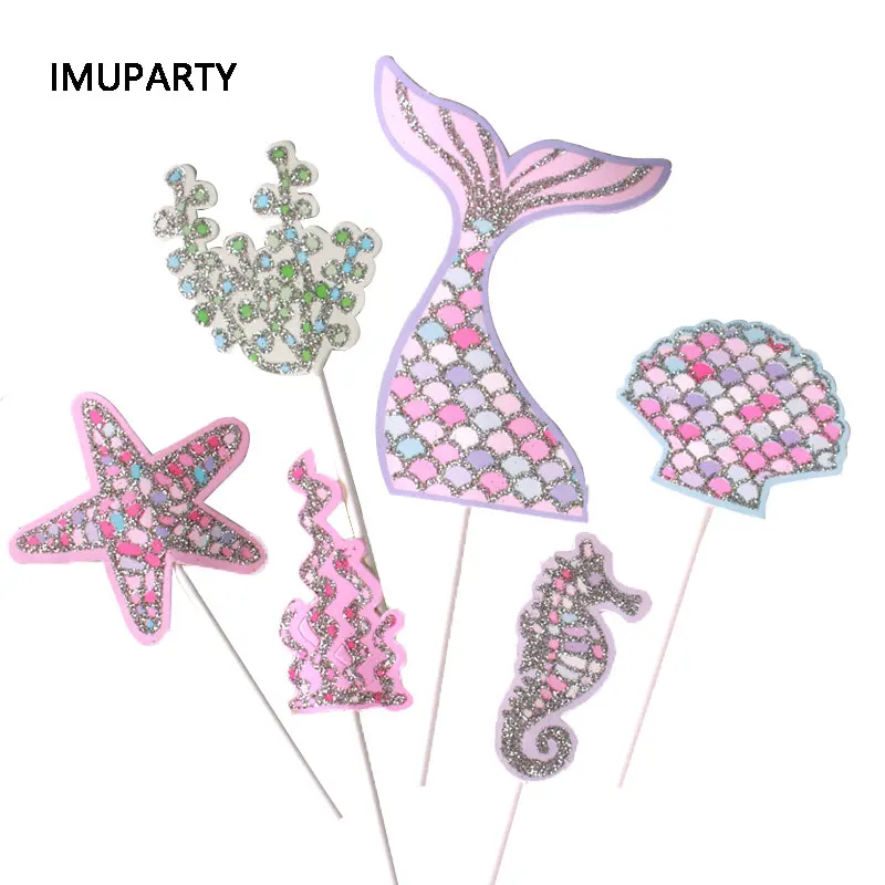 6pcs/set Mermaid Tail Shell Bottom Dwellers Cake Toppers Baby Shower Birthday Party Decorations Cake Decorating Supplies Pink