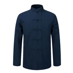 Vêtements traditionnels chinois à manches longues pour hommes, haut imbibé de Tang, uniforme de chapelle de Kung Fu Tai, chemise de printemps, manteau de chemisier d'automne, 100% coton