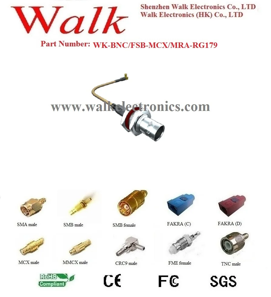 RF cable assembly: BNC female straight to MCX male right angle with rg179 cable