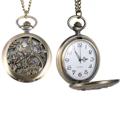 Vintage นาฬิกาควอตซ์ Hollow Out Magpies ดอกไม้นกเคสแบบพับปิดได้โลหะผสมจี้นาฬิกา LL @ 17