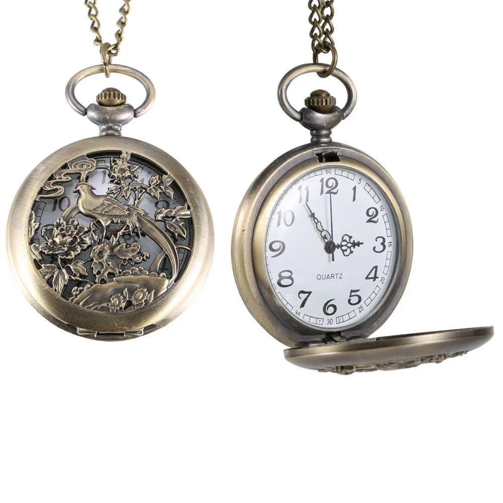 Vintage Quartz Pocket Watch Hollow Out Magpies Flower Bird Flip Cover Alloy Chain Pendant Watches LL@17