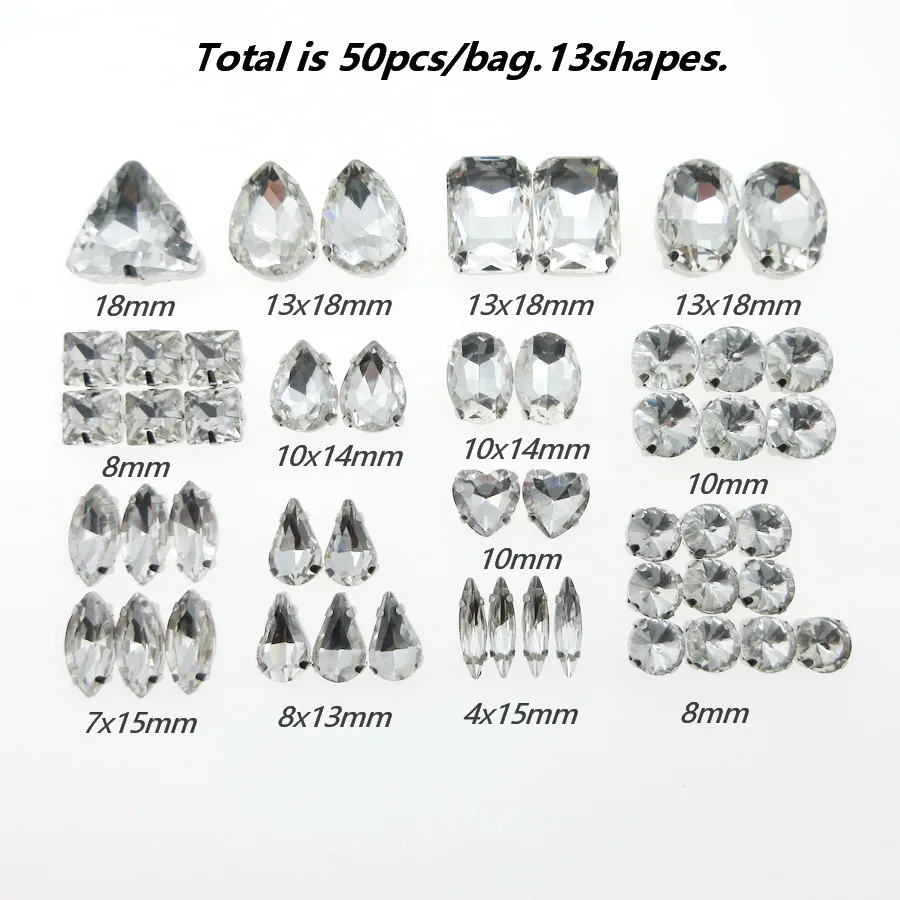 Mix 13 shapes clear glass crystal strass silver claw flatback sew on rhinestone wedding dress clothes shoes bags diy decoration