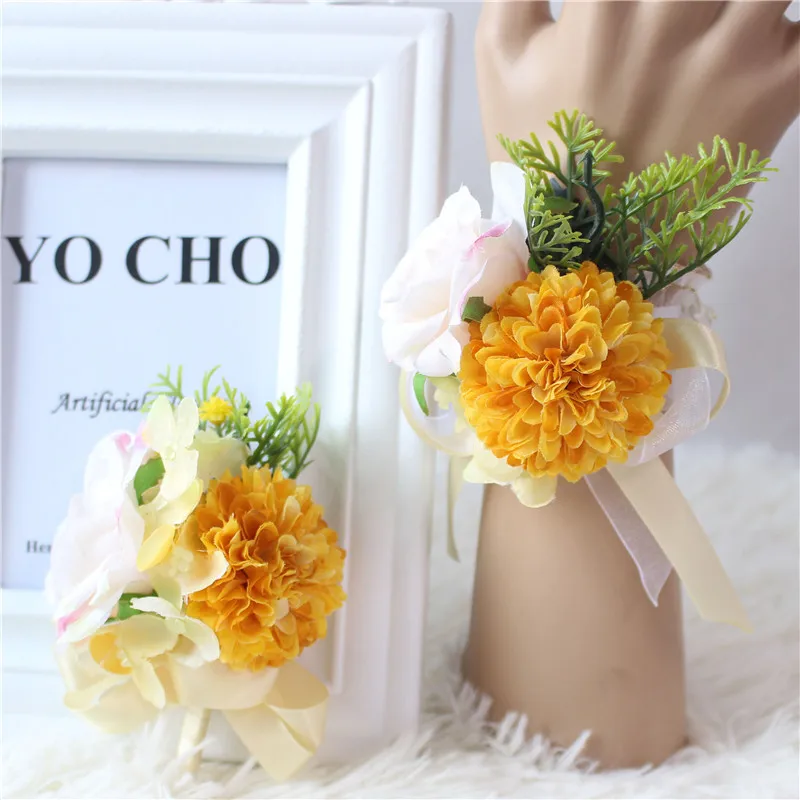 YO CHO – Bouquet de mariage avec hortensia, boutonnières en soie, corsage au poignet, fleur jaune à main pour demoiselle d'honneur, broche Rose décorative