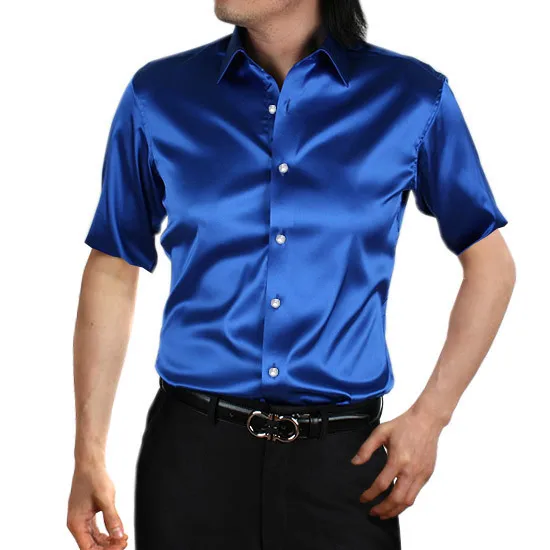 Men\'s Dress Silk Satin Groom Short Sleeve Shirts Regular Size Casual Silk Like Men Dress Shirt Imitated Silk Wedding Party Stage