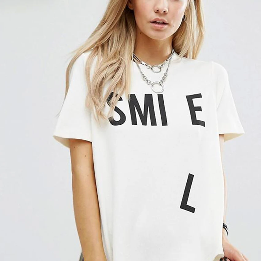 Harajuku SMILE Letter Women O Neck T shirt stampa moda estate maglietta femminile kawaii alfanumerico Harajuku Tumblr top da donna