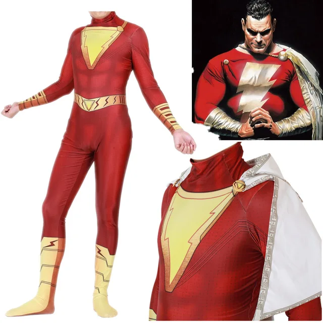 Shazam Captain Cosplay Costume Zentai Superhero Bodysuit Suit Halloween Costume Jumpsuits Cloak Hot Sale