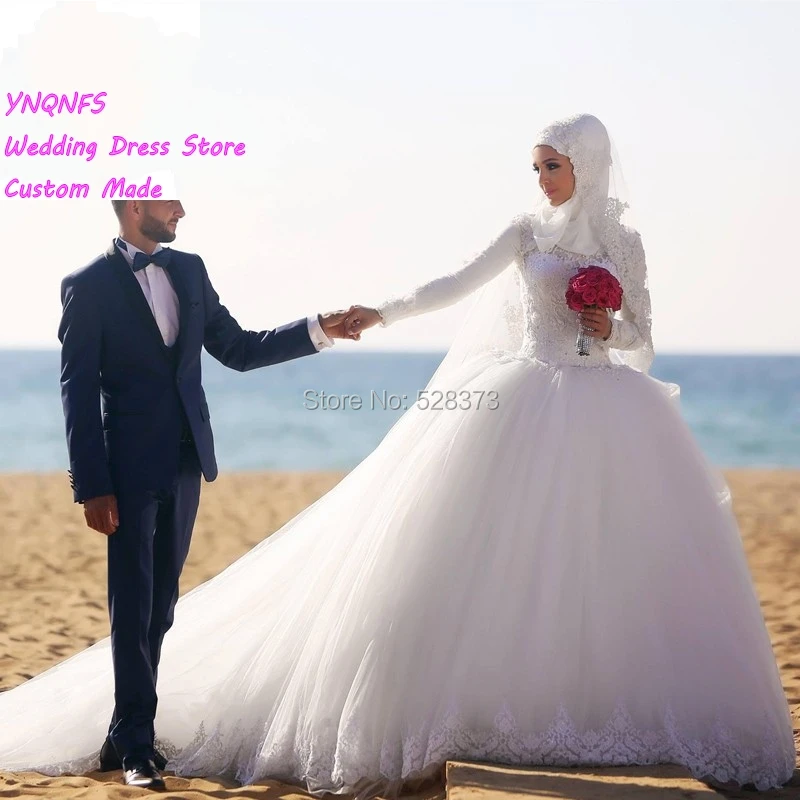 YNQNFS MW3 Robe de Mariee Dugun Elbisesi Abiye Princess Ball Gown Long Sleeves Turkey Arabic Muslim Hijab Wedding Dress 2019