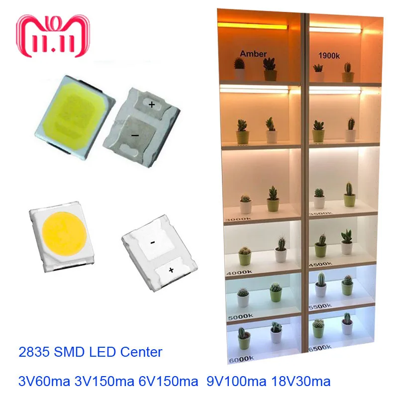 100pcs SMD LED 2835 White Chip 1W 3V 6V 9V 18V 36V  Ultra Bright SMT Surface Mount PCB Light Emitting Diode Lamp