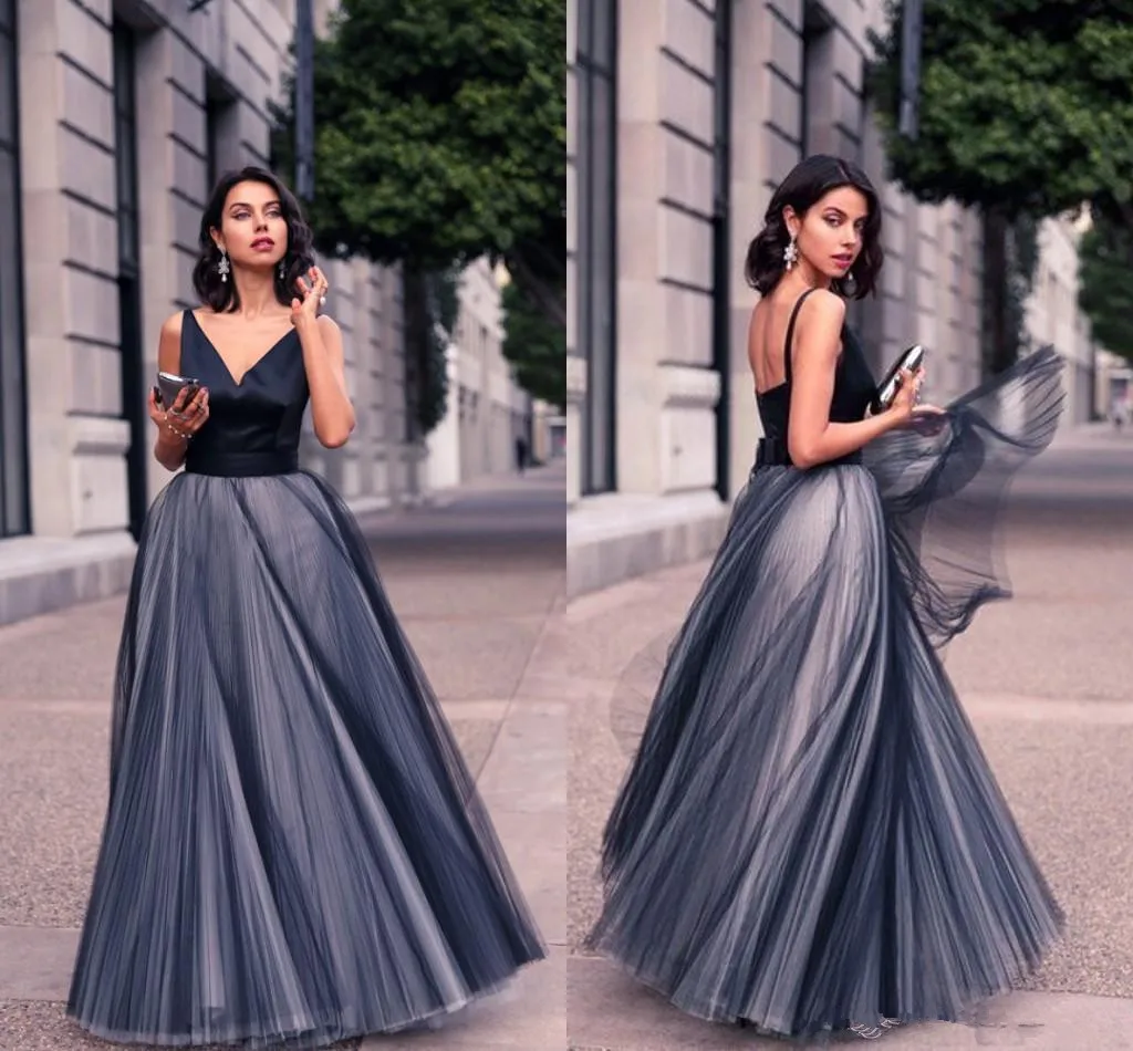 

V-neck A Line Prom Dress Backless Floor Length Pleated Tulle Special Occasion Dresses 2020 New Cocktail Party Gowns