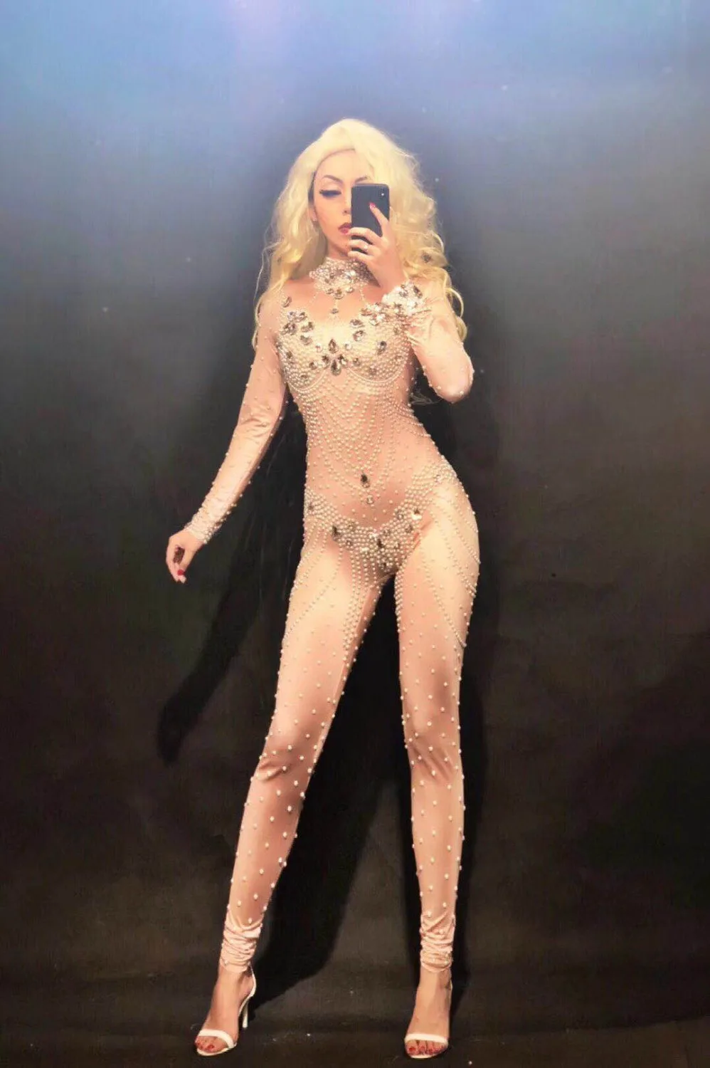 Cristalli dorati scintillanti Perle rosa Tuta Pietre Body elasticizzato Compleanno da donna Festeggia leggings sexy per spettacoli teatrali