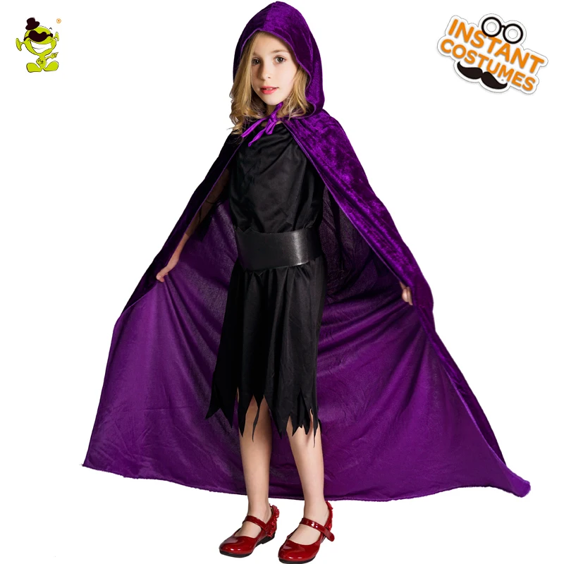 Kids Purple Hooded Cape Fancy Dress Long Velvet Cloak Wizard Cape Cosplay  Halloween Party for Girls Princess Cloak Costumes image 2