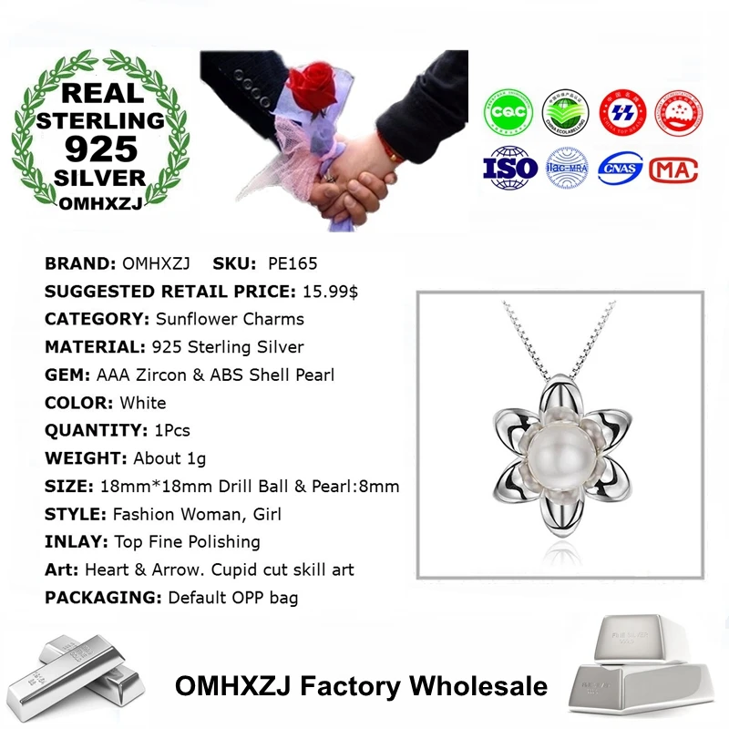 OMHXZJ Wholesale Fashion Sunflower Woman Gift ABS Shell Pearl Zircon 925 Sterling Silver Pendant Charms PE165 NO Chain Necklace