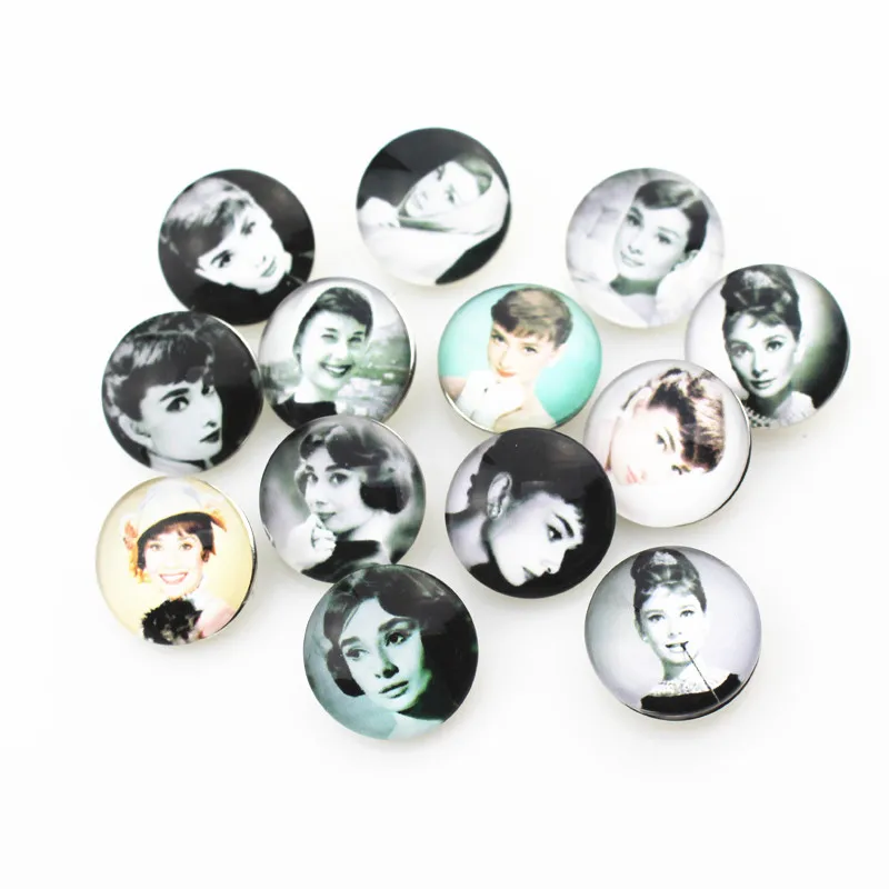 New Arrival 50pcs/lot Audrey Hepburn Snap Buttons fit 18mm Ginger Button Snap Bracelet&Bangles Letters DIY Snap Jewelry Charms