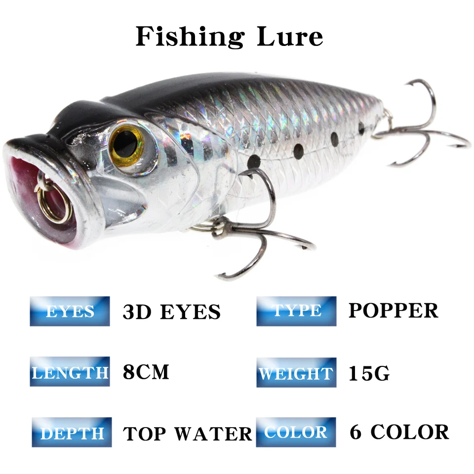 NEW 1Pcs 8cm 15g Popper Fishing Lures 3D Eyes Bait Crankbait Wobblers Isca Poper Pesca Japan fishing tackle