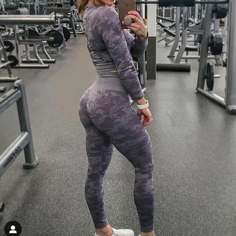 2019 Stretchy Gym Tights Tummy Control Yoga Pants High Waist Sport Camo Seamless Leggings Purple Running Pants Women