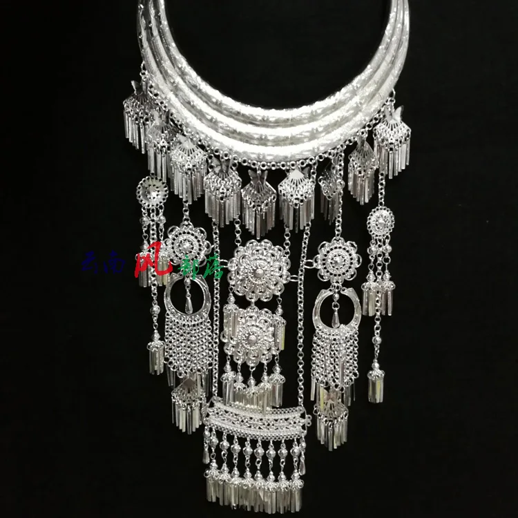 Three Peacocks White Miao Silver Necklace Minority Group Butterfly Tassel Stage Performance Exaggerated Ethnic Accessory