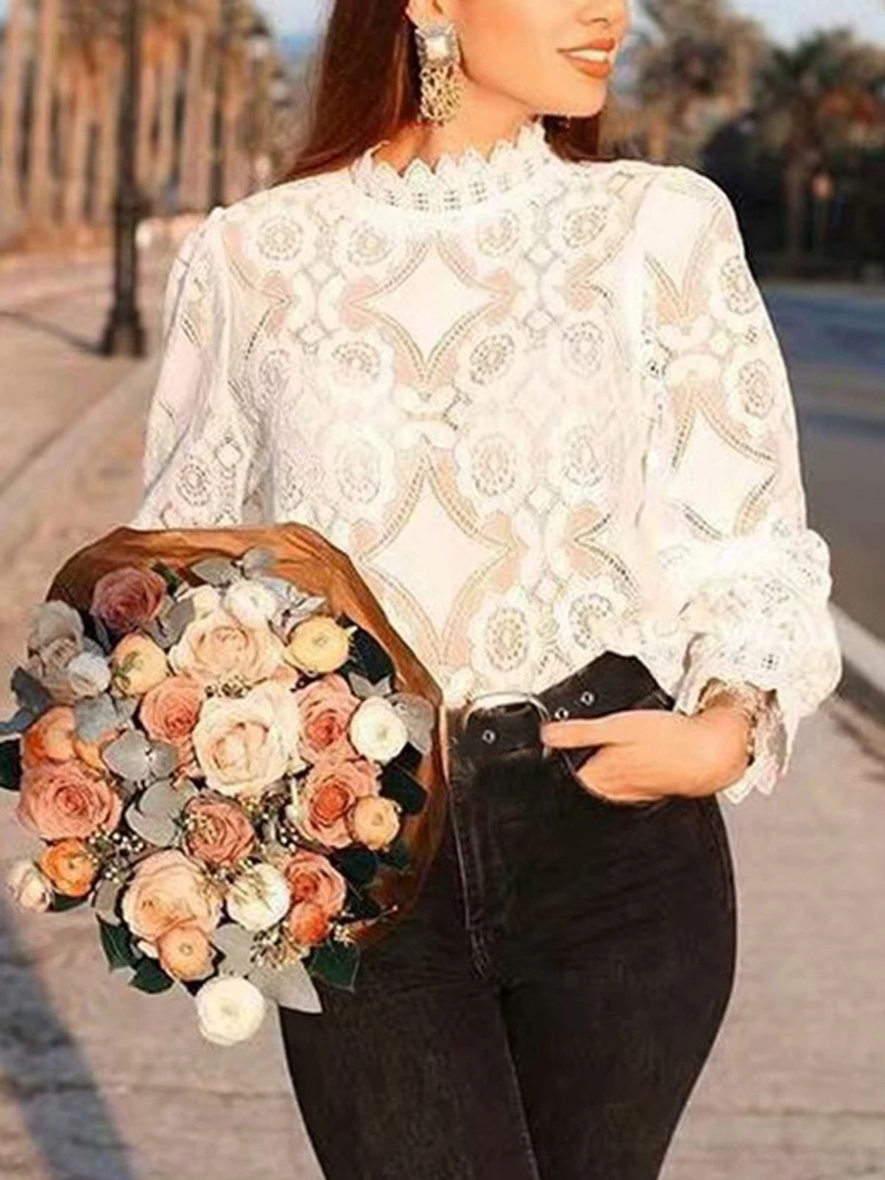 Unique New Women's Summer Fashion Lace Cutout High Collar Shirt Translucent Horn Long Sleeve Pure White Slim Shirt Sizes S-XL