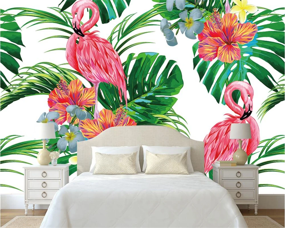 Custom size wallpaper murals modern minimalist Nordic hand painted palm leaves flamingo fresco TV background wall 3d wallpaper