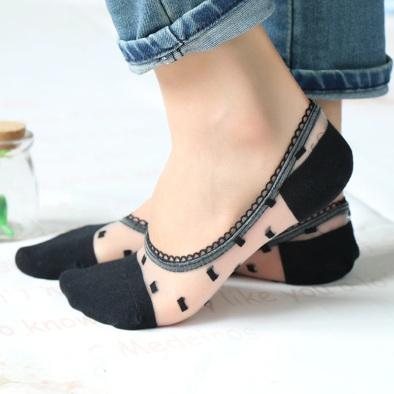 

2 Pairs/Lot PWoman Spring/Summer Harajuku Lace Square Invisible Sock Slippers Female Thin Transparent Crystal Silk Sock Bas