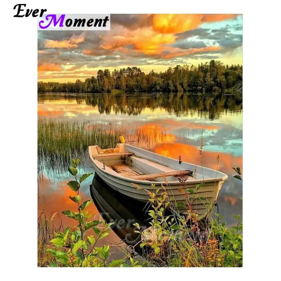 Ever Moment 5D DIY Diamond Painting Cross Stitch Boat on the River Mosaic Full Square Drills Artwork Rhinestone ASF1214