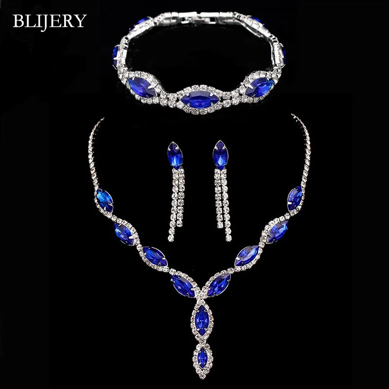 BLIJERY Elegant Royal Blue Crystal Wedding Jewelry Sets Rhinestones Long Tassel Necklace Earrings Bracelet Bridal Jewelry Sets