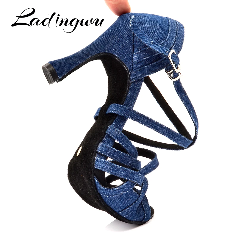 Ladingwu Women Dance Shoes Latin Salsa Tango Blue Denim Dance Shoes Woman\'s Ballroom Paty Profession Dance Shoes Cuban heel 9/10