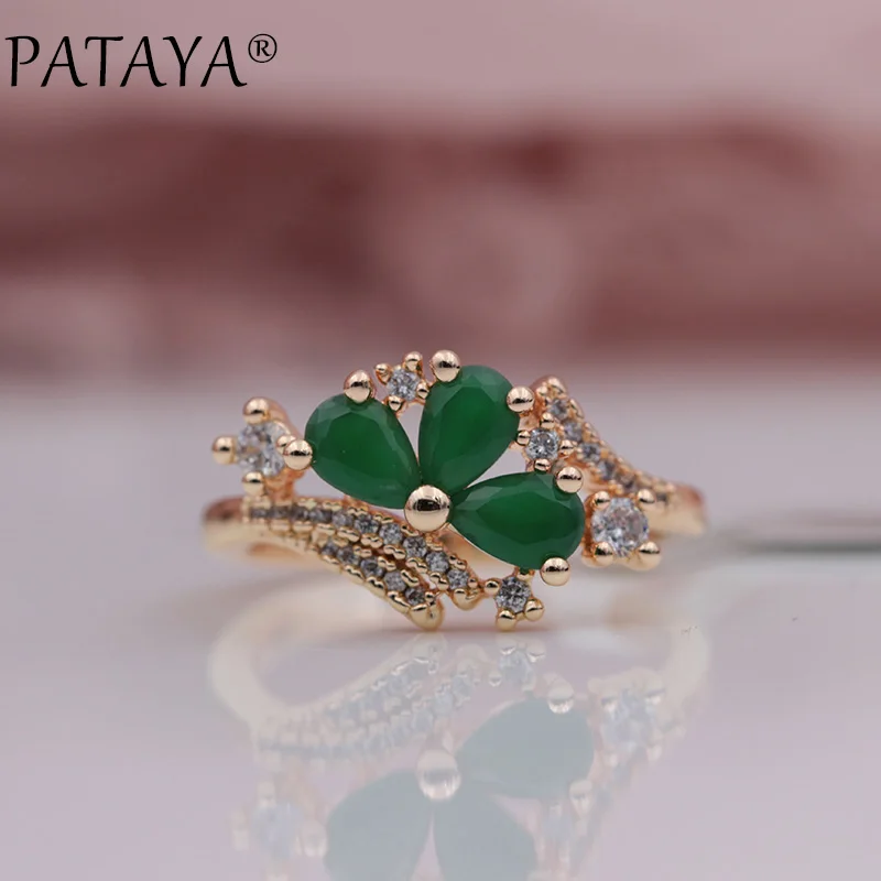 PATAYA New Arrivals 585 Rose Gold Color Micro-wax Inlay Green Water Drop Natural Zircon Rings Women Wedding Party Trendy Jewelry