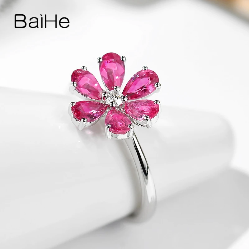 BAIHE Solid 14K White Gold H/SI Natural Diamond Pink Sapphire Flower Ring Women Trendy Fine Jewelry טבעת פרחים Inel flori кольцо