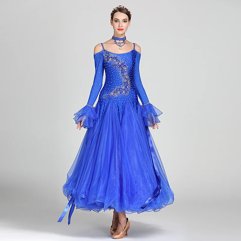 Vestido de baile de salón con flecos, traje de competición de Vals, Foxtrot, traje de Rumba, cinta azul con hombros descubiertos