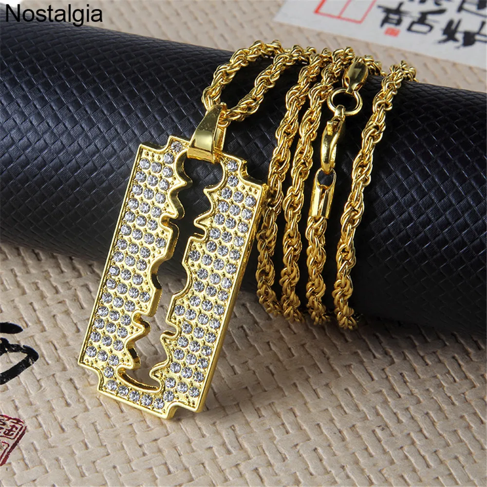 Nostalgia Crystal Charm Razor Blade Long Necklace With Big Pendant Barber Hiphop Mens Womens Jewelery