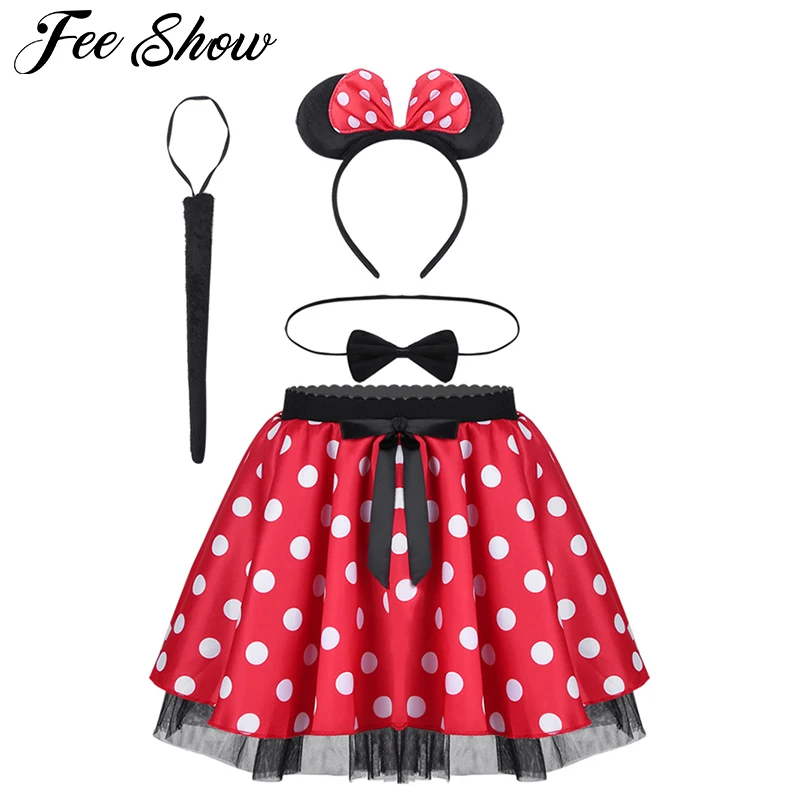 

Girls Polka Dots tutu Skirt with Hairhoop Bow Tie Tail Set Christmas Costume For Kids Girls Cosplay Cartoon Costume Party Skirts