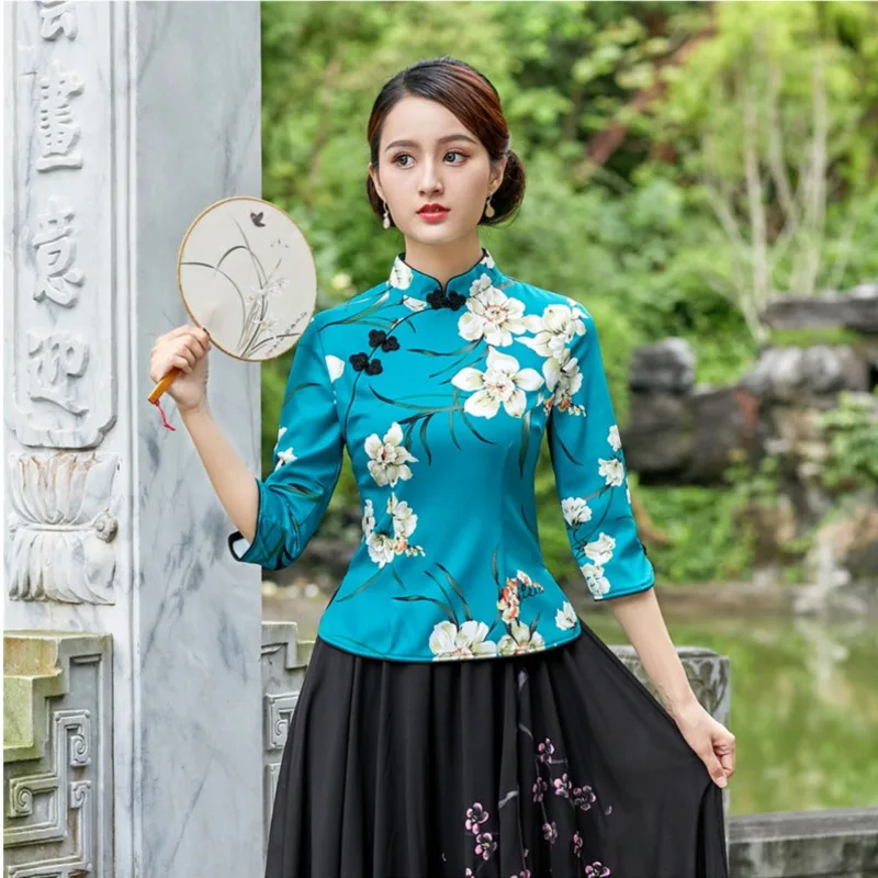 

Sheng Coco Elegant Qipao Top Traditional Chinese Cheongsam Blouse 4XL Royal Blue Chinese Printing Women Clothing Long Sleeve
